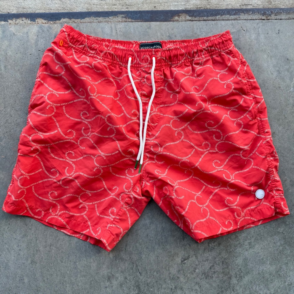 Scotch & Soda Mens Red Logo Script Swim Trunks Size M Board‎ Shorts Amsterdam